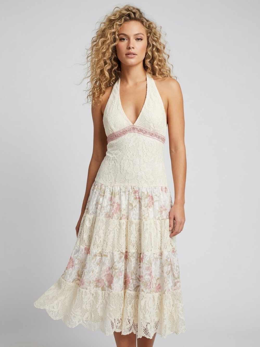 My Michelle Cream Lace Strapless Halter Dress with Pink Trim and Floral Skirt, M